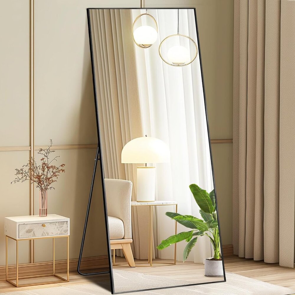 Full Length Black Mirror with Stand 64"x21" Floor Standing Aluminum Frame